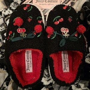 Juicy Couture Black Slippers with Red Cherry Embroidery